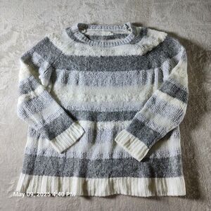 Lou & Grey Women's Medium Gray Striped Sweater Cotton Wool Blend Long Sleeves